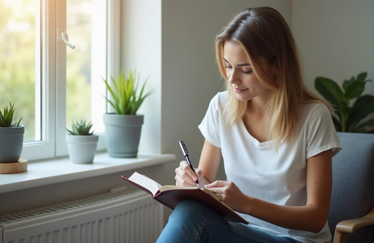 Person journaling beside a window in a calm therapy setting