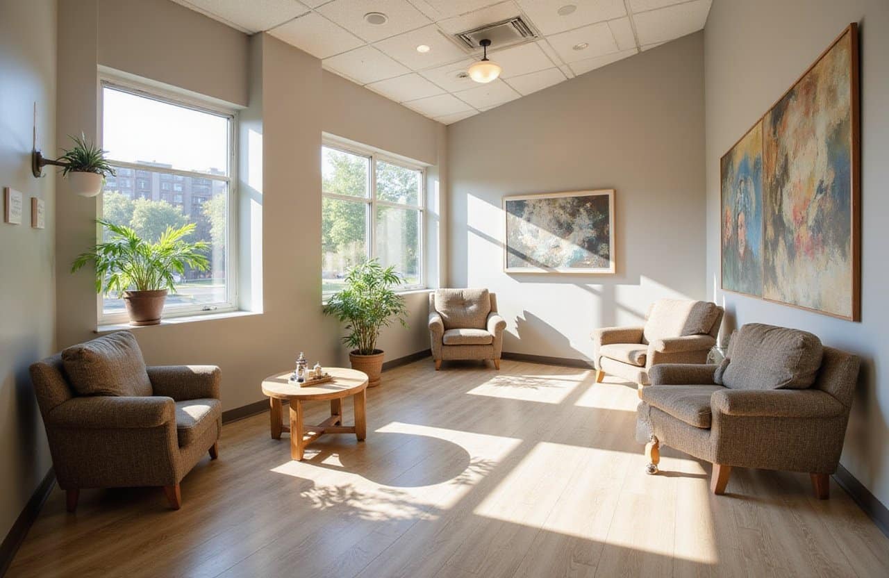 Modern outpatient therapy center interior with comfortable seating and natural light