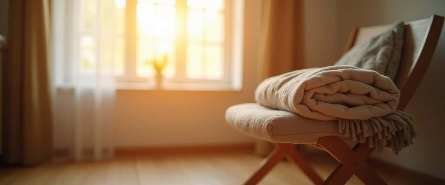 Soft blanket lying on a couch with warm light filtering through a window