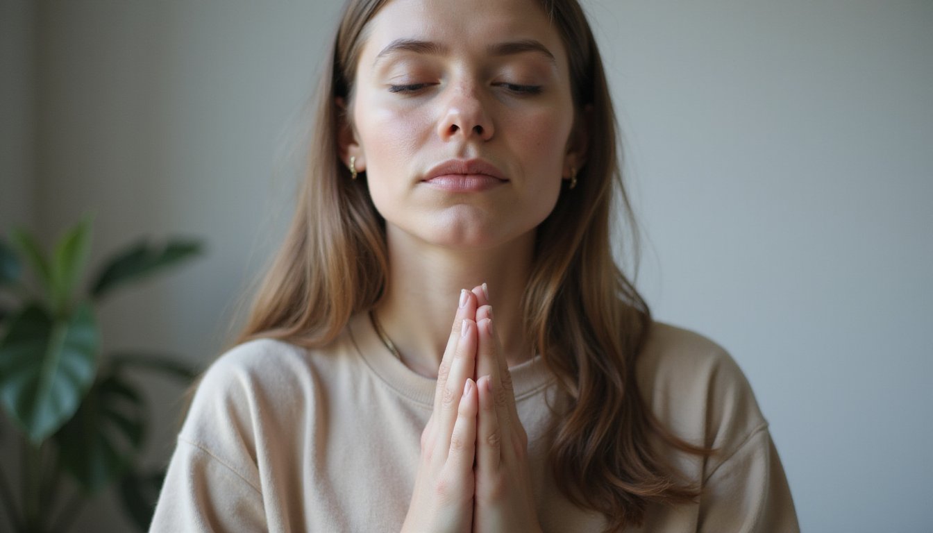 Woman with closed eyes hands together like praying