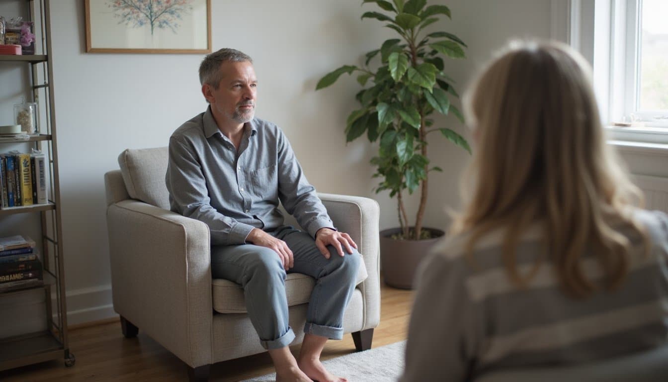 Adult seated in a chair during a private therapy conversation in a calm treatment setting
