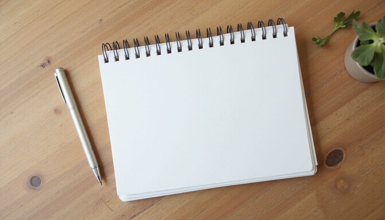 table having notebook and pen
