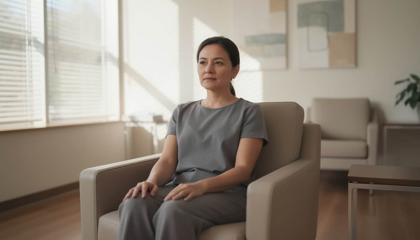 Calm inpatient setting with person seated in reflective moment and serene atmosphere