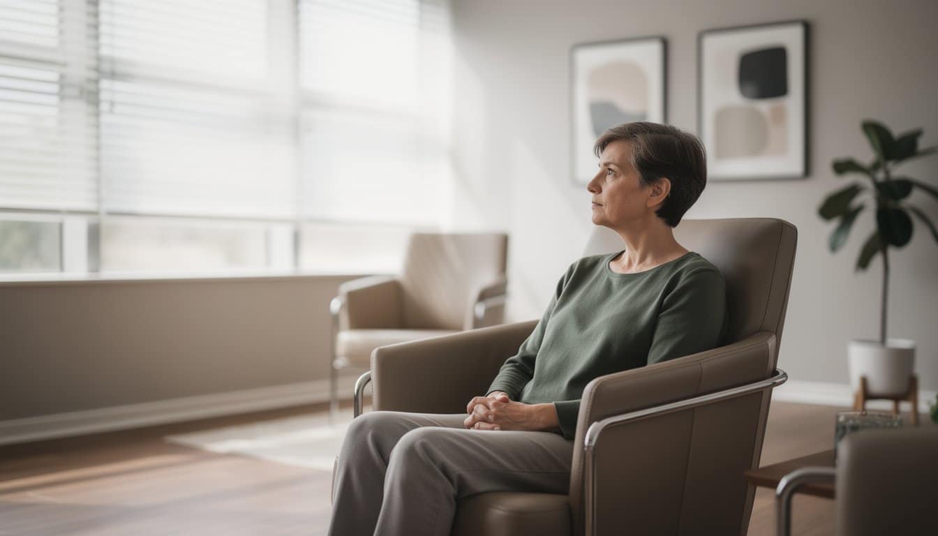 Person relaxing on leather chair in inpatient recovery space with natural light through windows