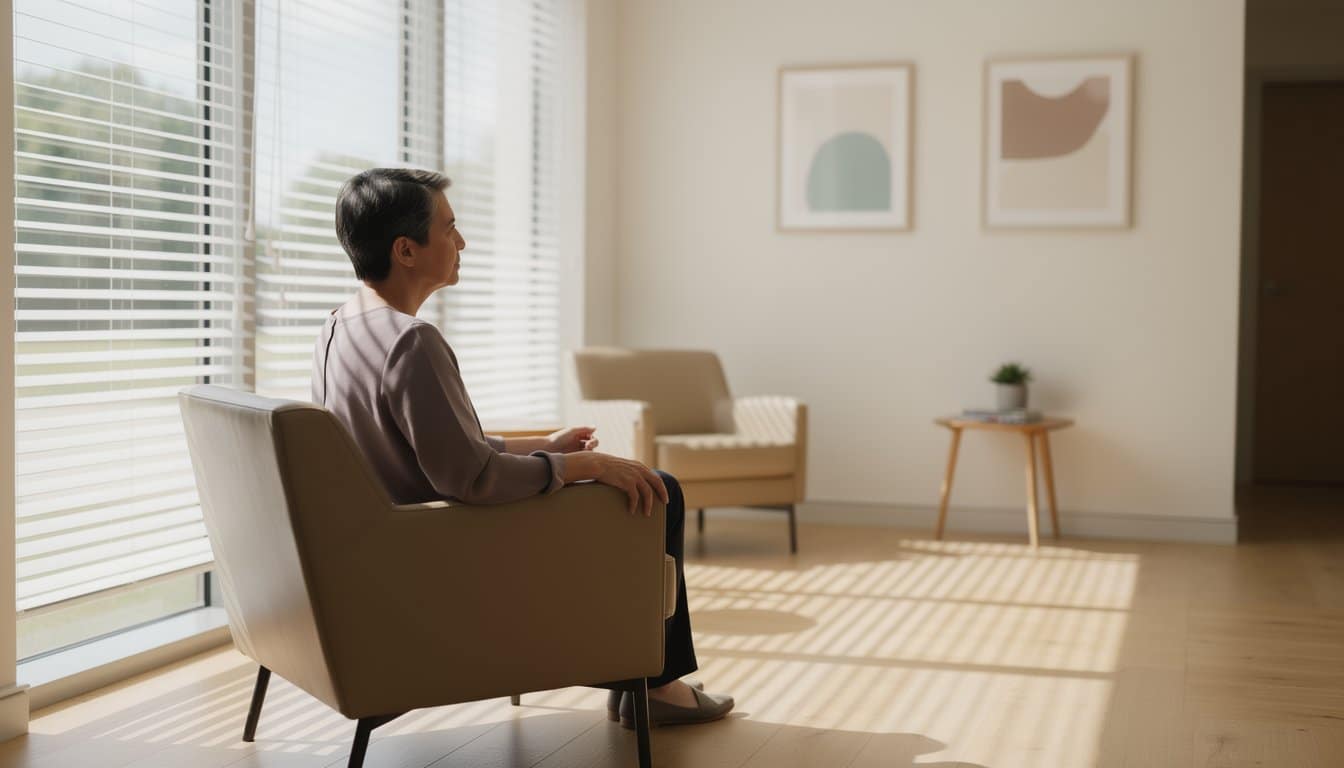 Peaceful inpatient facility lounge with individual reflecting in soft lit environment