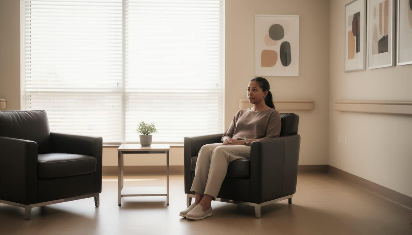 Person in modern inpatient facility lounge experiencing peaceful recovery moment