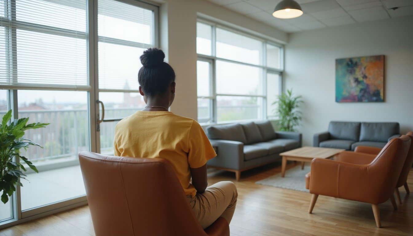 Calm and quiet inpatient lounge scene with person in thoughtful reflection