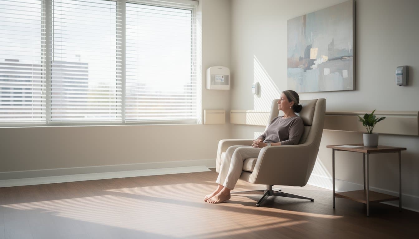 Adult resting on leather chair in recovery facility with calming and supportive environment