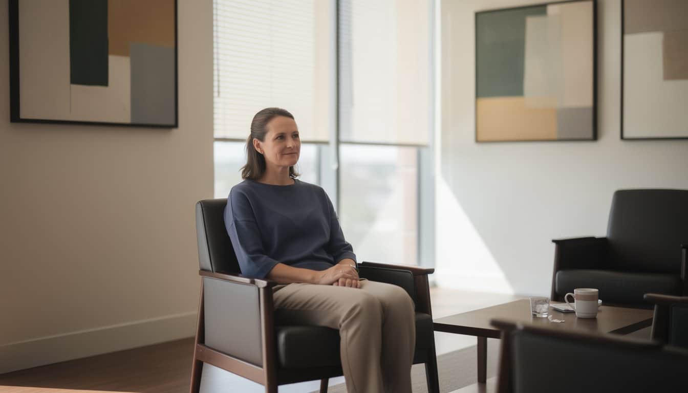 Adult sitting in clean modern rehab lounge surrounded by calm and healing environment