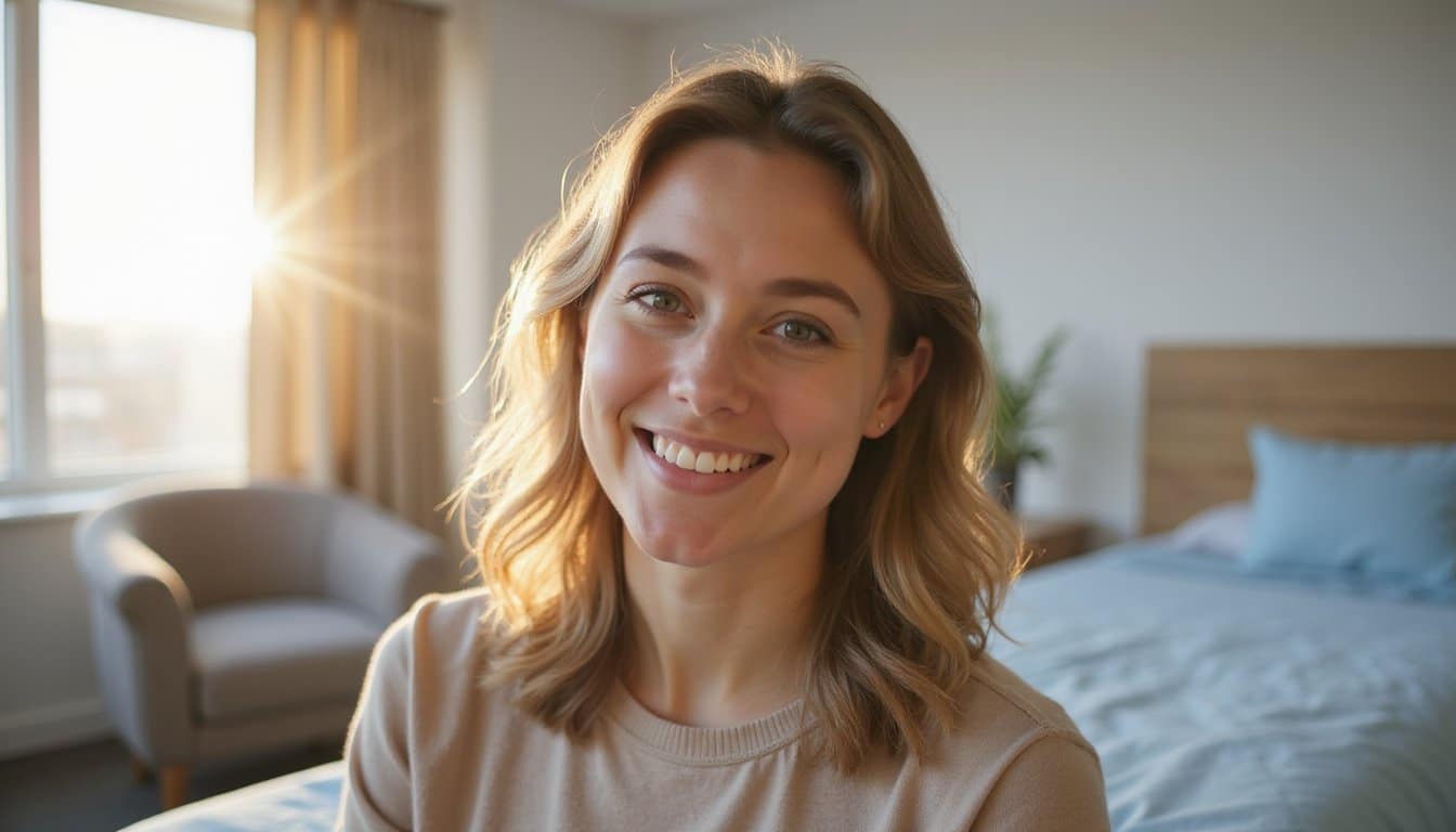 Person sitting on bed in peaceful space for alcohol detox support