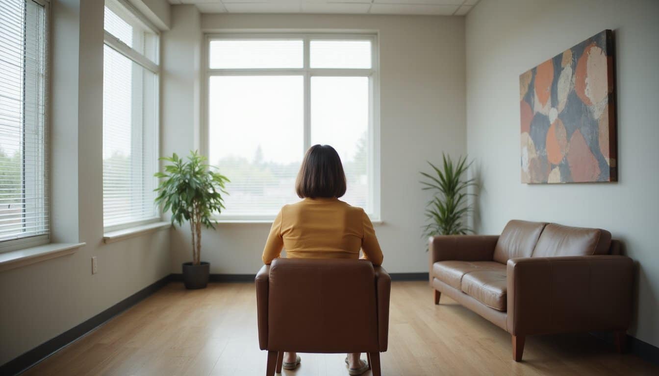 Person seated on leather chair in modern rehab lounge with soft natural light and calm atmosphere