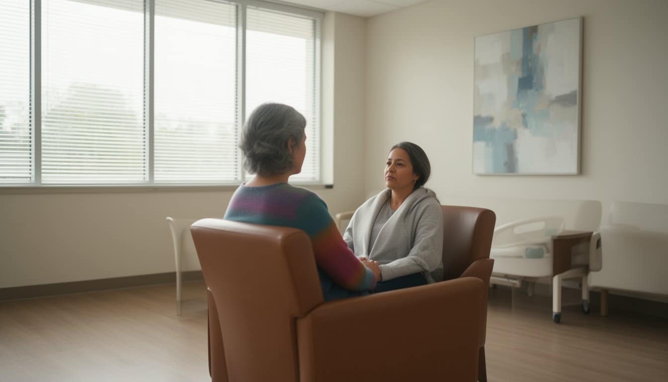 Quiet moment of reflection in inpatient facility with person seated in soft natural lighting