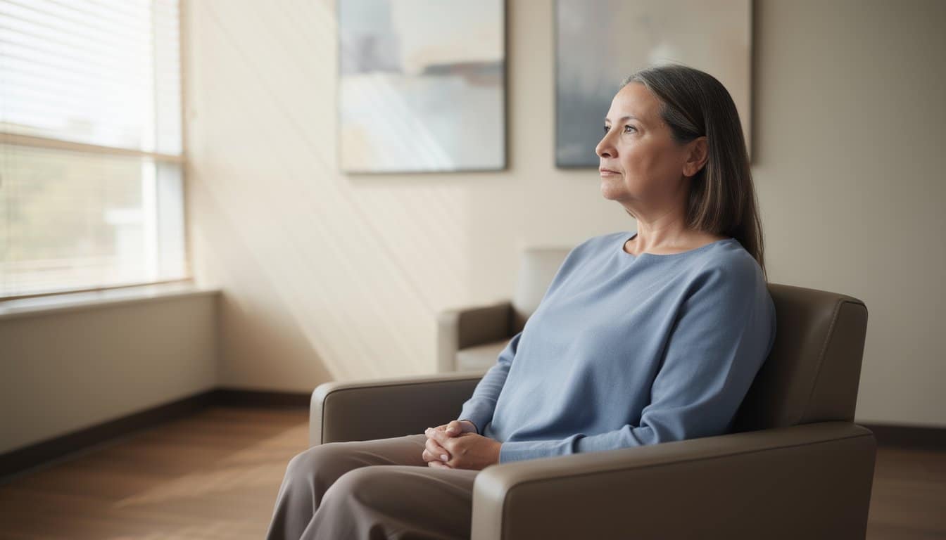 Adult in recovery sitting quietly in minimal lounge with wood flooring and abstract art