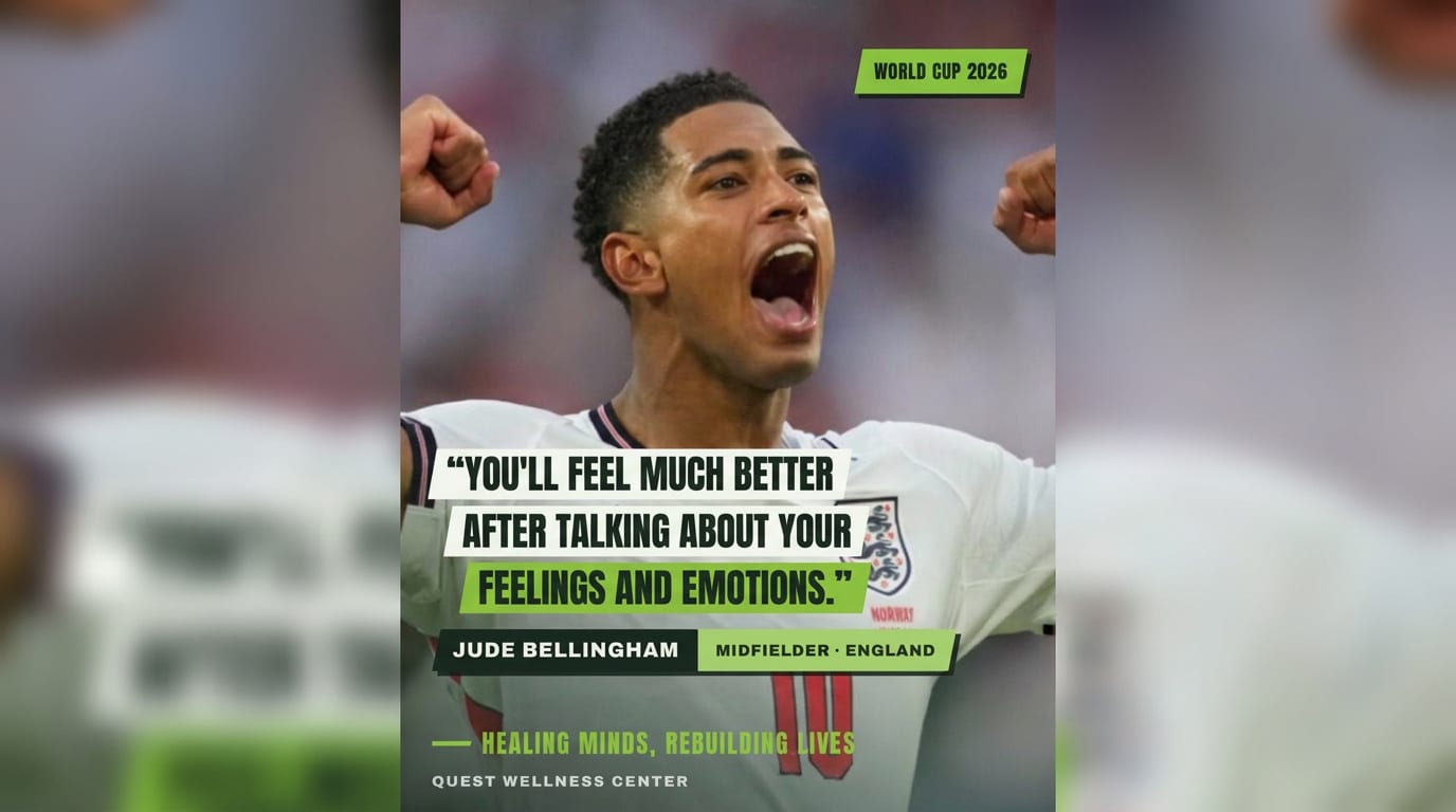 England football player celebrating beside a mental health message encouraging people to discuss their feelings and emotions