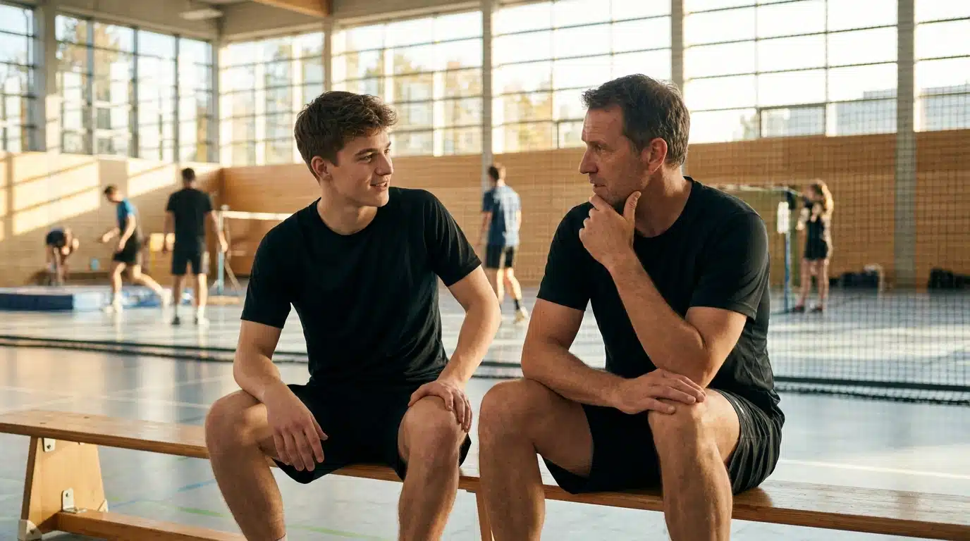 Young athlete discussing his feelings with a coach during a break in training