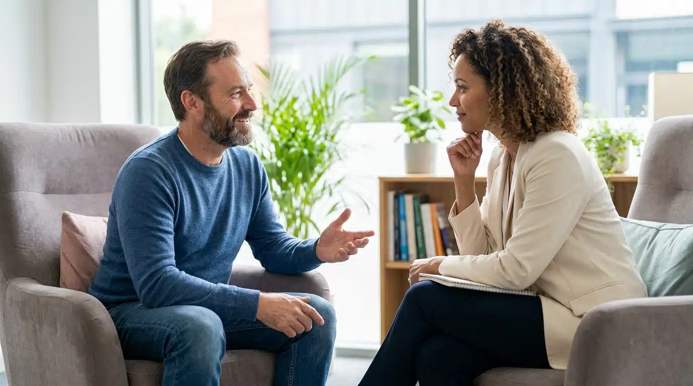 Man speaking openly with a therapist during an individual counseling session
