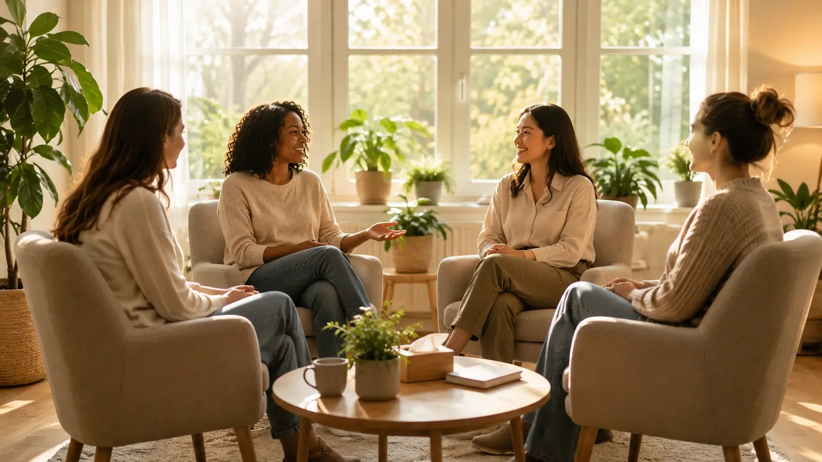 Four women participating in a supportive group therapy discussion