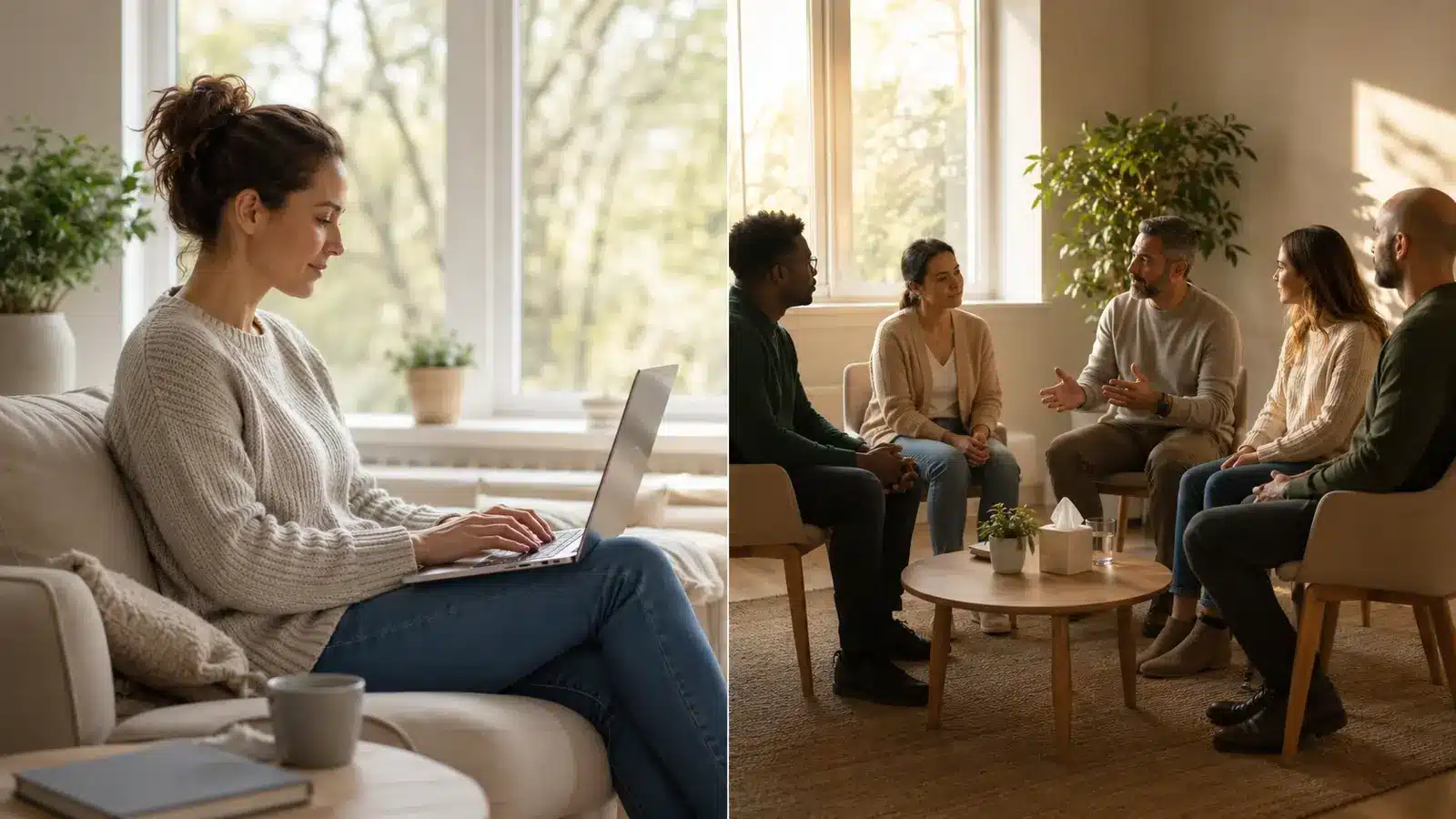 woman taking virtual iop and adults participating in a group therapy session
