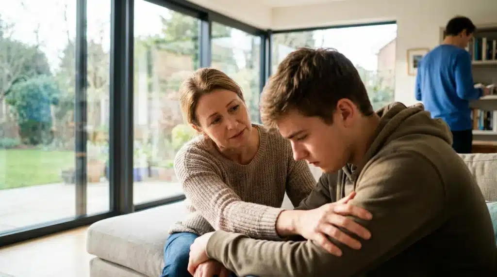 Mother comforting a distressed teenage son at home