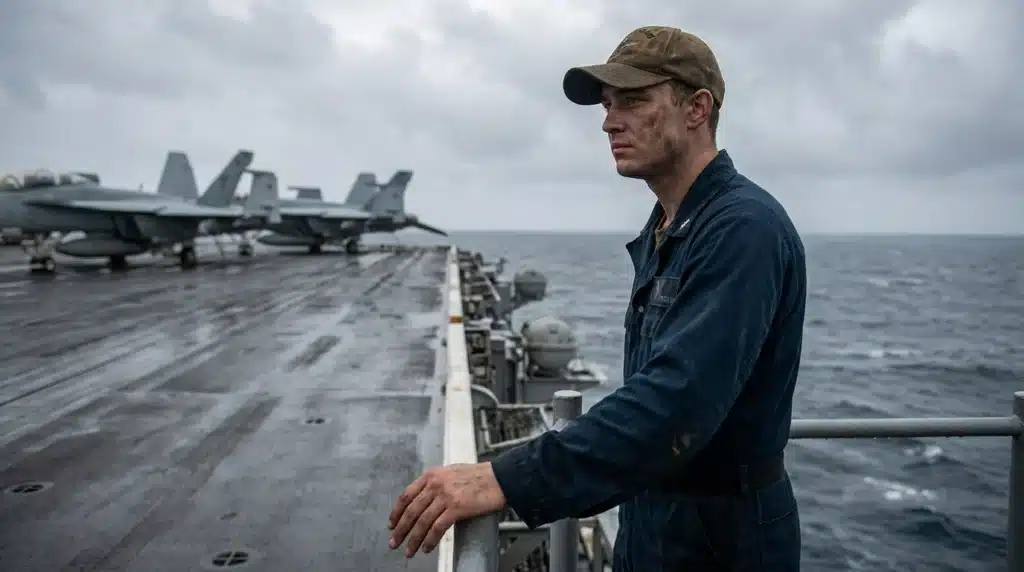 Navy service member standing on an aircraft carrier at sea