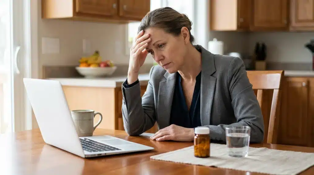 Stressed woman with medication and laptop at home